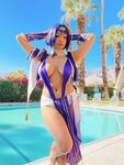 Pattie Cosplay poses by the pool